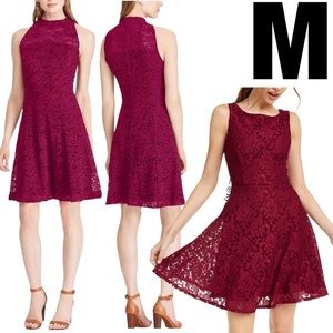 NWOT Sleeveless Maroon Dress Lace Overlay FIT FLARE HIGH Neck Shift MEDIUM 8 10